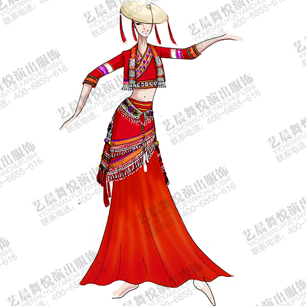 花腰傣族舞蹈演出服裝女紅色傣族舞臺服裝定制