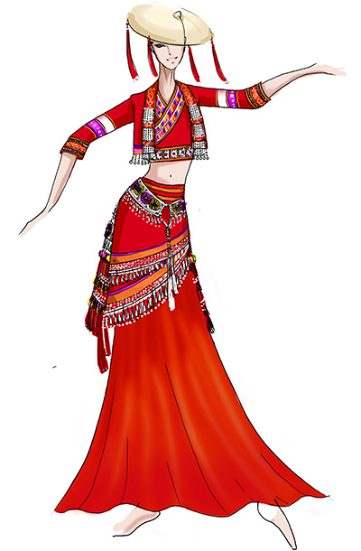 花腰傣族舞蹈演出服裝女紅色傣族舞臺服裝定制