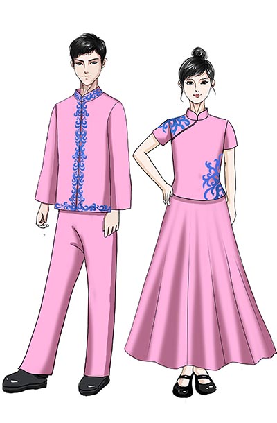 中式演出服裝兒童合唱粉紅色合唱演出服裝！
